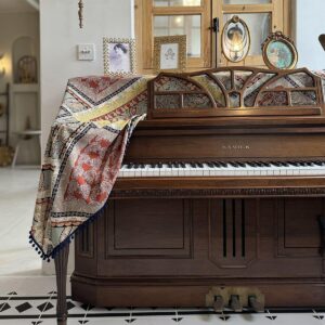 Vintage boho piano cover with pom‑pom tassels, retro floral piano dust protector