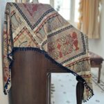 Bohemian patterned piano top cover, decorative dust cloth with navy pom‑pom fringe