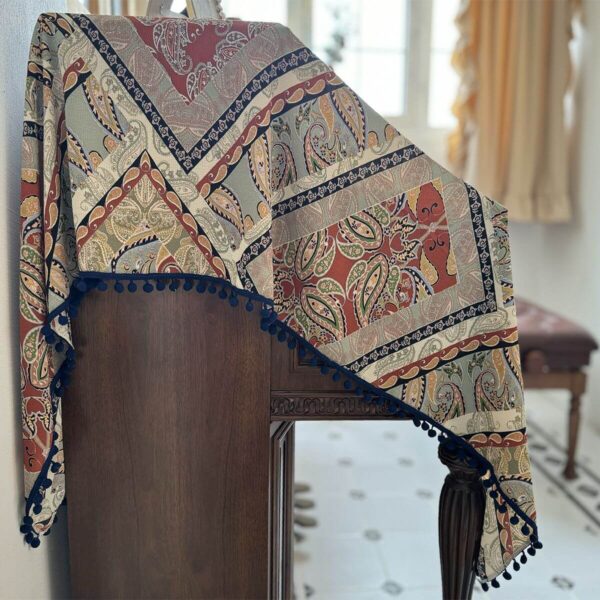 Bohemian patterned piano top cover, decorative dust cloth with navy pom‑pom fringe