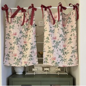 Cottage rose tie‑top curtain, apricot pink floral kitchen window curtain with burgundy fabric bows, farmhouse cottage‑core decor