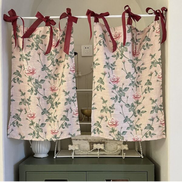 Cottage rose tie‑top curtain, apricot pink floral kitchen window curtain with burgundy fabric bows, farmhouse cottage‑core decor