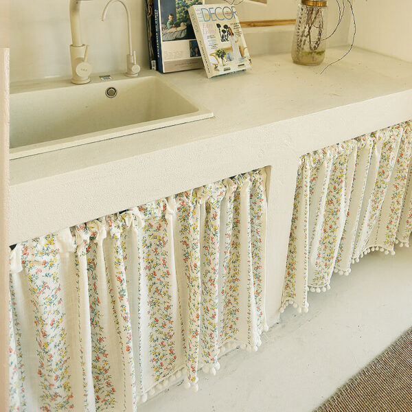 floral cotton linen cafe curtains used as kitchen sink window decoration