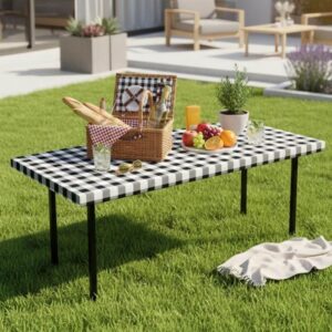 Black white gingham outdoor tablecloth with picnic basket, backyard party decor