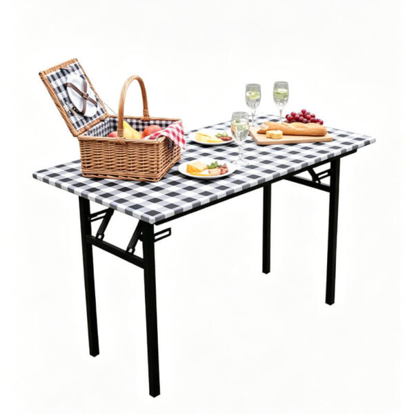 Classic check fitted tablecloth with picnic basket food decor