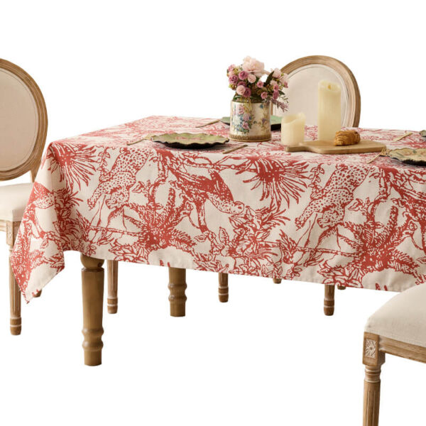 Vintage Jungle Table‑cover styled on dining table, retro red jungle animal print decor