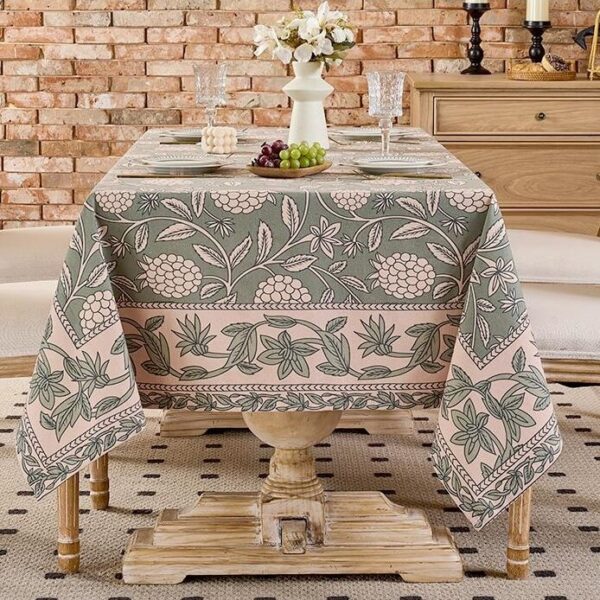 Rectangular Ditsy Floral Tablecloth green pink vintage botanical print cottage style table setting