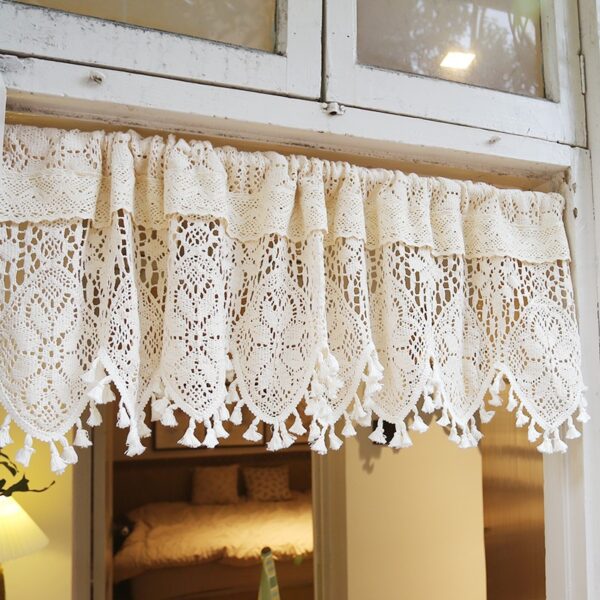 lace cotton cafe curtains, white hollow‑out lace kitchen curtain with tassels
