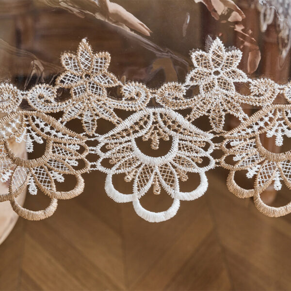 Close‑up of embroidered lace trim for clear vinyl table protector