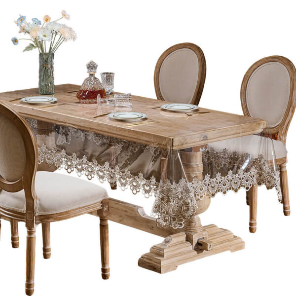 Water‑resistant lace vinyl table protector for rectangular wood table
