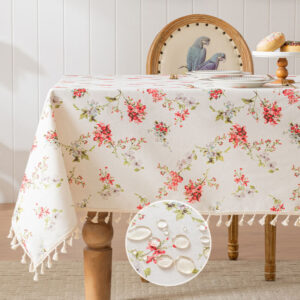Vintage tropical floral table cloth with red flower print and tassel edge