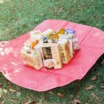 Picnic tote convertible blanket laid flat on grass with picnic food