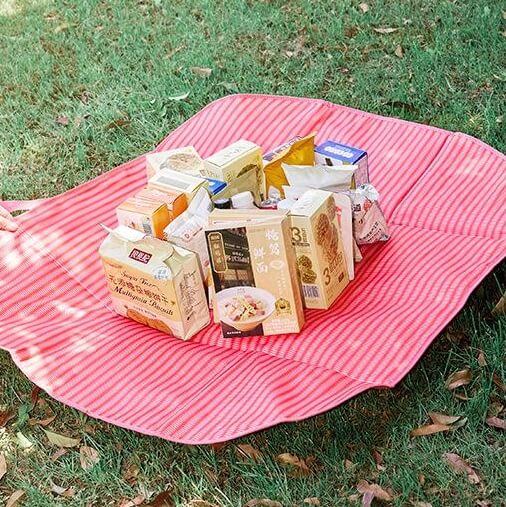 Picnic tote convertible blanket laid flat on grass with picnic food