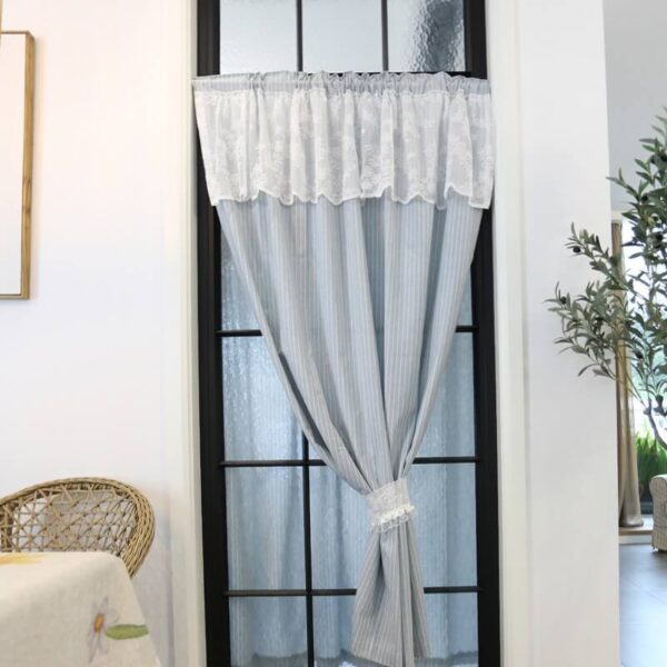 Single‑panel blue striped doorway curtain with lace valance top