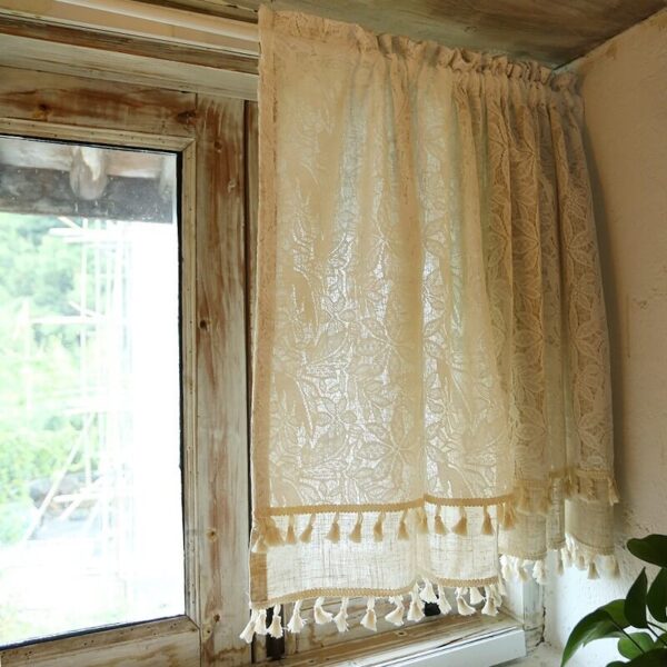 Double layer lace short curtain single‑panel farmhouse kitchen window curtain with tassel fringe