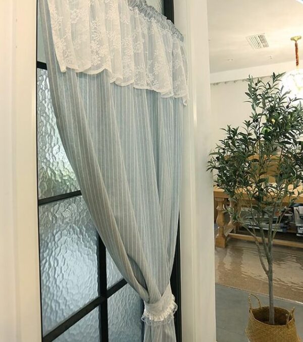 Semi‑sheer blue striped doorway curtain, light‑filtering divider curtain