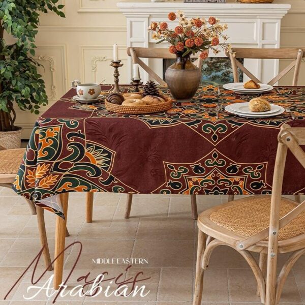Middle‑eastern inspired decorative tablecloth styled for cultural themed dinner gathering