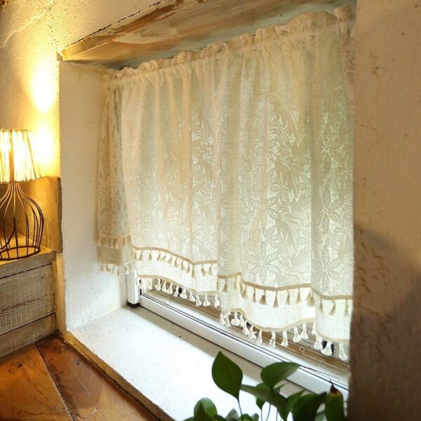 Farmhouse double‑layer lace short curtain semi‑sheer window decor with tassel hem