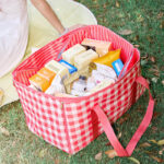 Red‑white check picnic tote blanket filled with picnic snacks