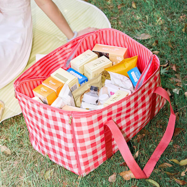 Red‑white check picnic tote blanket filled with picnic snacks
