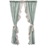 Green gingham cafe curtain set of 2 with tie back, plain white background
