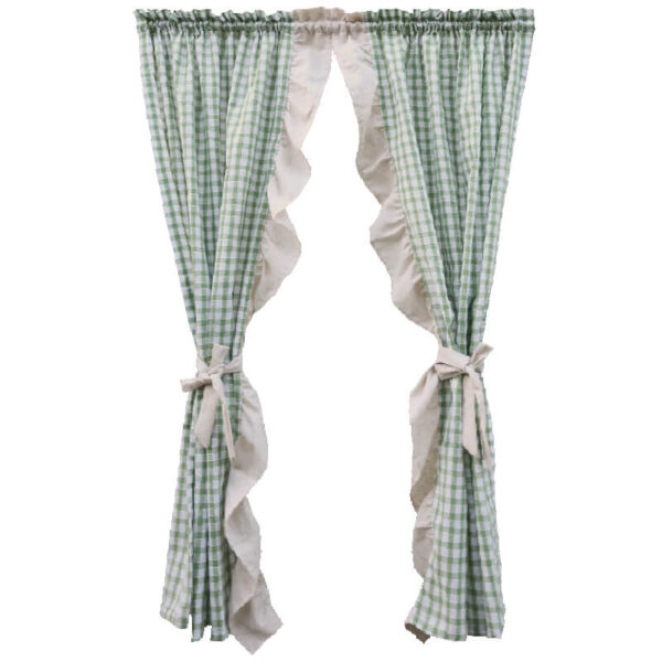 Green gingham cafe curtain set of 2 with tie back, plain white background