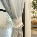 Blue striped doorway curtain tied back, semi‑sheer divider curtain for home