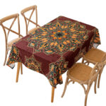 Rectangular arabesque jacquard tablecloth, burgundy vintage oriental woven pattern on white background