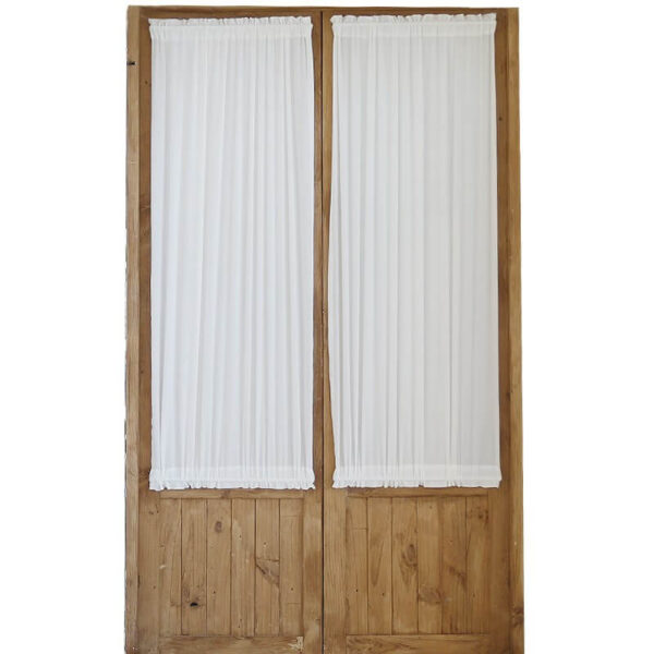 solid white dual rod pocket curtain panel mounted on wood glass door