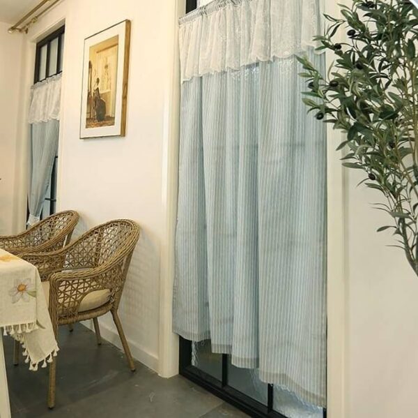 Blue striped doorway curtain with lace top, farmhouse sheer curtain for indoor door frame