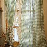 Green gingham cafe curtain with ruffled edge, farmhouse kitchen window decor set of 2