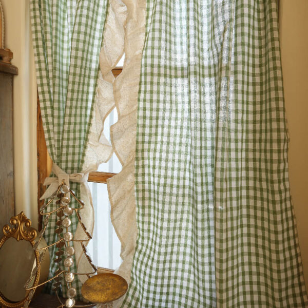Green gingham cafe curtain with ruffled edge, farmhouse kitchen window decor set of 2