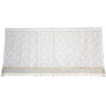 White double‑layer lace short curtain flat lay, tassel trim bottom edge