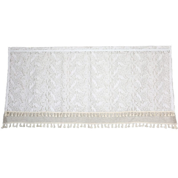 White double‑layer lace short curtain flat lay, tassel trim bottom edge