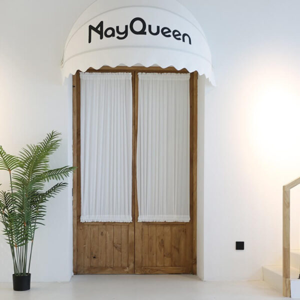 white dual rod pocket curtain installed on wooden glass door, linen‑look semi‑privacy curtain panel