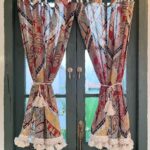 Pair of Boho Paisley Half Curtain clipped on double wooden doors, exotic turkish boho window accent decor