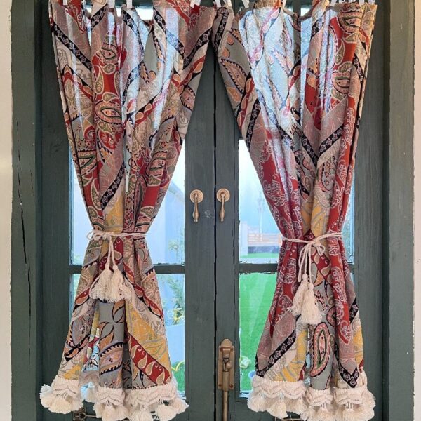 Pair of Boho Paisley Half Curtain clipped on double wooden doors, exotic turkish boho window accent decor