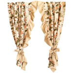 Close‑up view of cream rose french curtain with ruffled edge and fabric bow tiebacks, set of 2 panels