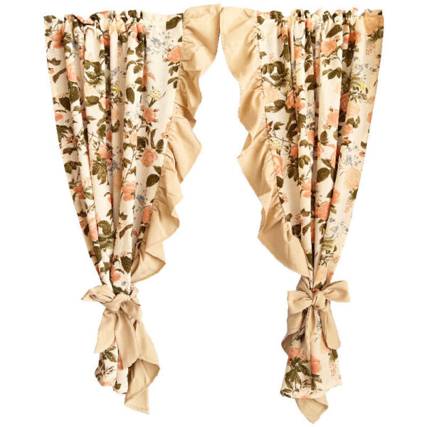 Close‑up view of cream rose french curtain with ruffled edge and fabric bow tiebacks, set of 2 panels