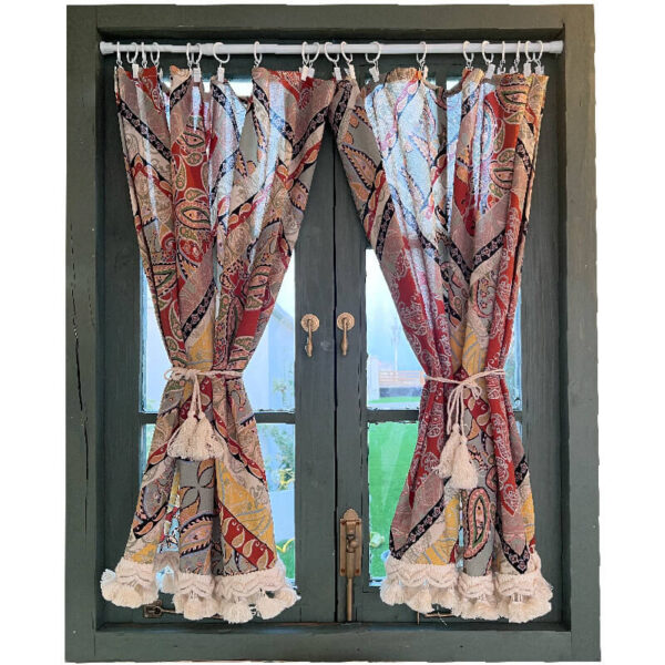 2‑panel Boho Paisley Half Curtain set, vibrant turkish‑inspired decorative tassel curtain for boutique and Airbnb