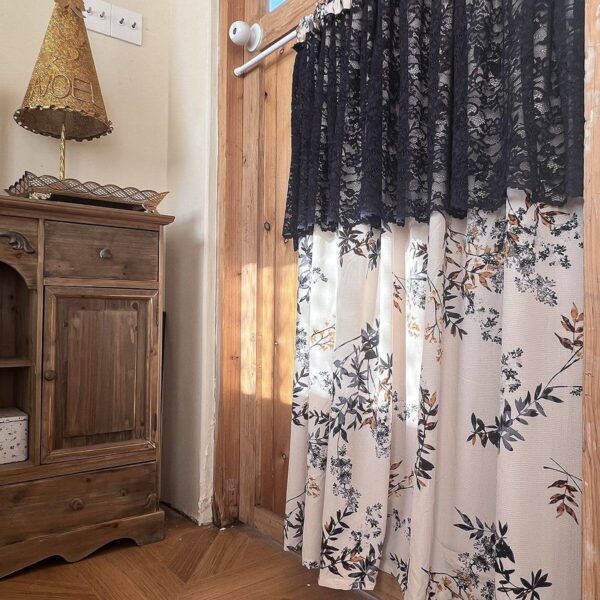 Timeless Parisian short curtain mounted on wooden indoor door, elegant lace‑top semi‑blackout window treatment