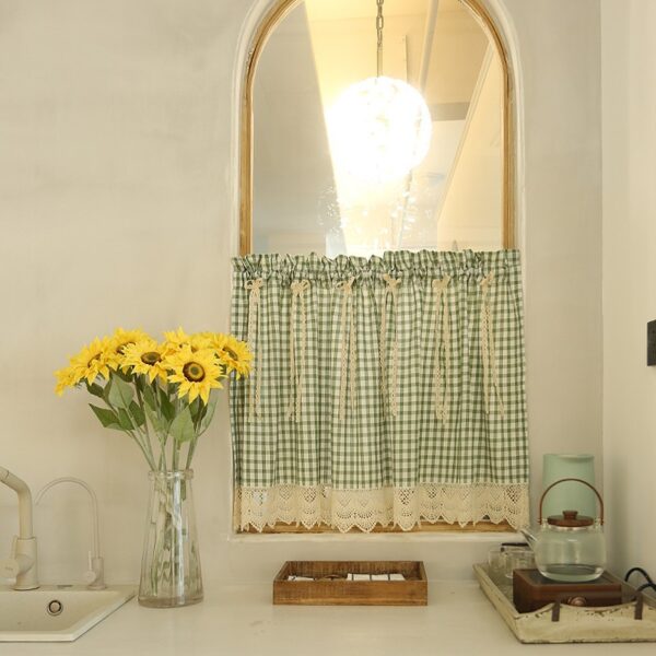 Farmhouse home window decor with green plaid cafe curtain, sunflower home decor