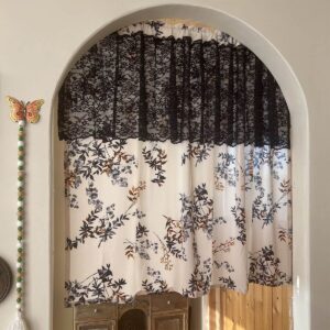 Full view of timeless Parisian short curtain, semi‑blackout cream curtain with dark floral print and black lace trim