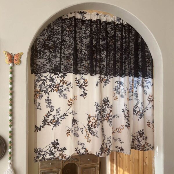 Full view of timeless Parisian short curtain, semi‑blackout cream curtain with dark floral print and black lace trim