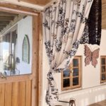 Timeless Parisian short curtain, black‑white floral semi‑blackout window curtain with black lace valance top, single‑panel elegant home decor