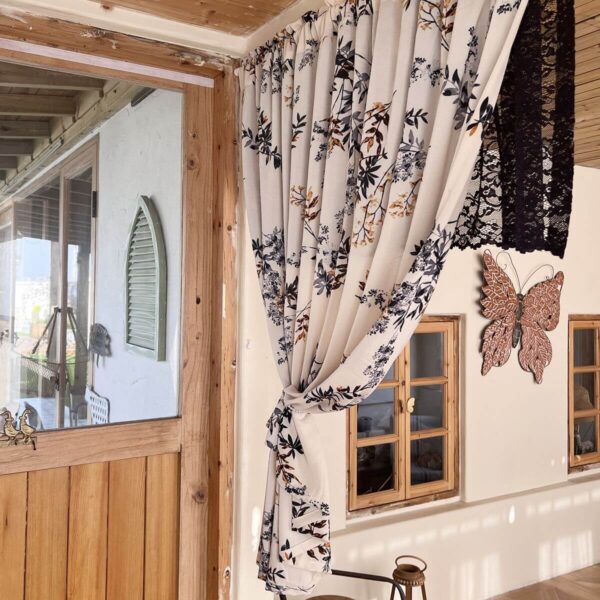 Timeless Parisian short curtain, black‑white floral semi‑blackout window curtain with black lace valance top, single‑panel elegant home decor