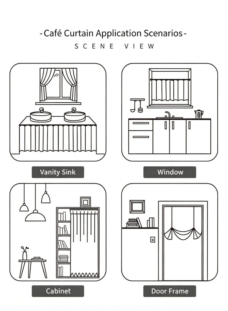 Scene view sketches, interior application scenes including vanity sink, kitchen window, living room and entryway