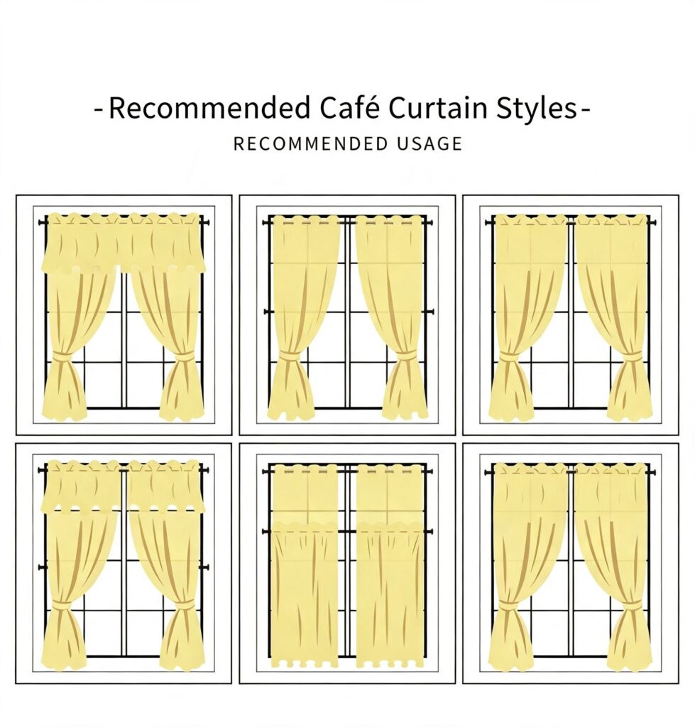 Diagram showing recommended café curtain styles, six layout illustrations of short cafe window curtains