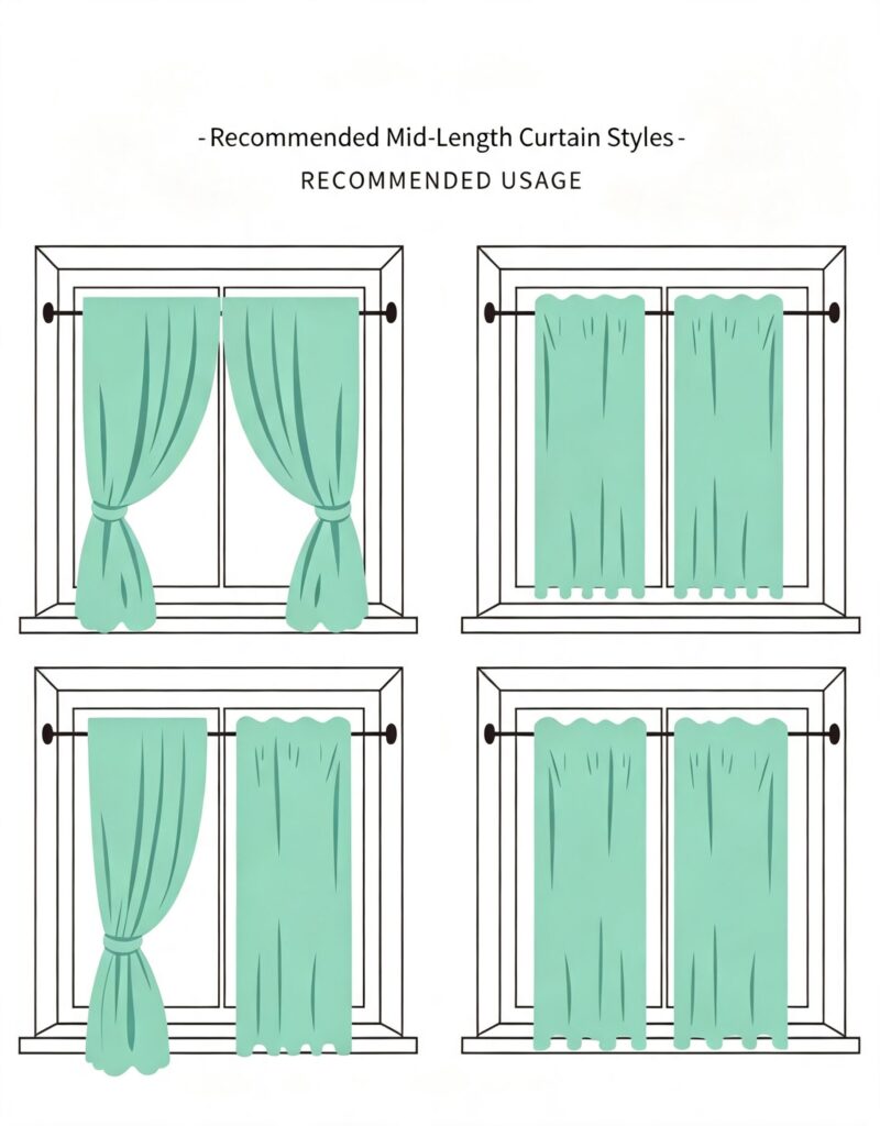 Diagram of recommended mid-length curtain styles, four layout sketches of medium-length window curtains