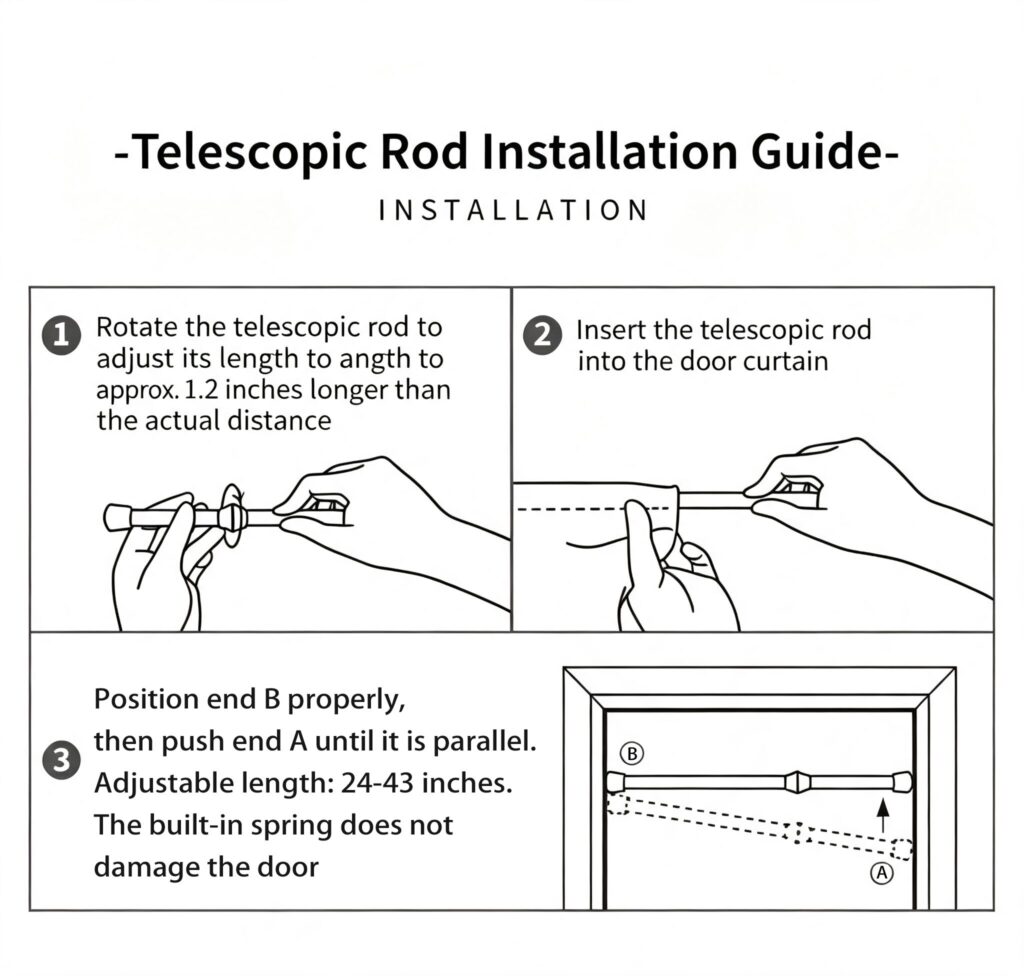 Step-by-step installation diagram for tension telescopic curtain rod, 3 steps assembly tutorial