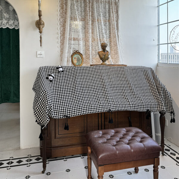 Simple upright piano cover cloth, black‑white diamond‑check protective dust cloth laid over upright piano top